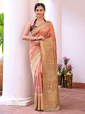 Peach Kanjeevaram Silk Blend Woven Design Zari Saree With Blouse Piece