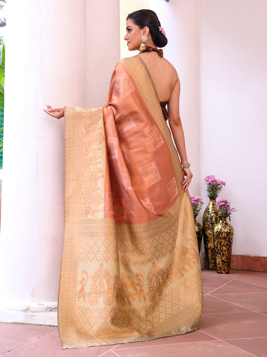 Peach Kanjeevaram Silk Blend Woven Design Zari Saree With Blouse Piece