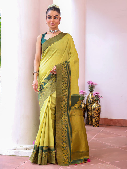 Green Banarsi Woven Silk Saree With Blouse Piece