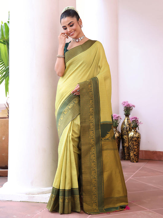 Green Banarsi Woven Silk Saree With Blouse Piece