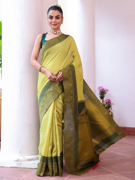 Green Banarsi Woven Silk Saree With Blouse Piece