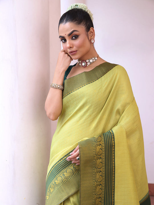 Green Banarsi Woven Silk Saree With Blouse Piece