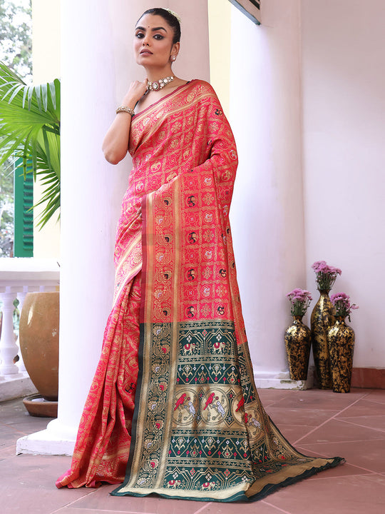 Pink Patola Silk Blend Woven Design Zari Saree With Blouse Piece