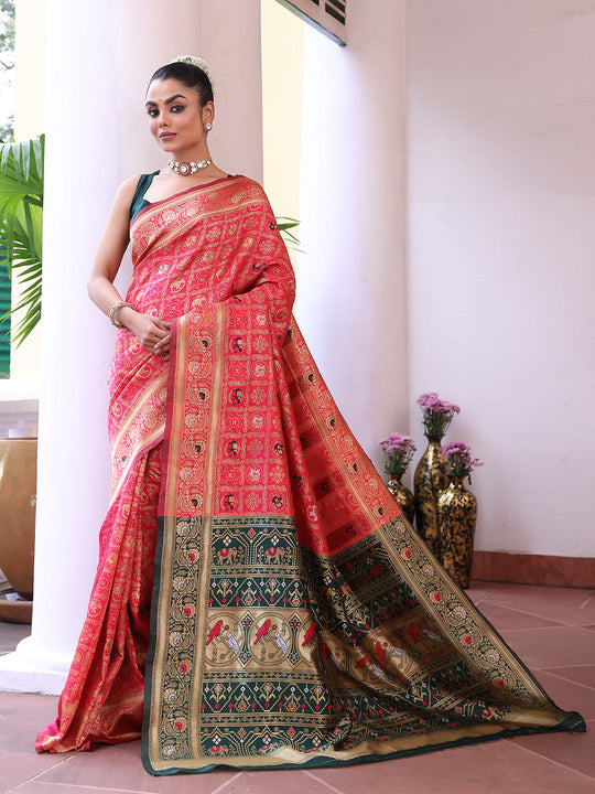 Pink Patola Silk Blend Woven Design Zari Saree With Blouse Piece