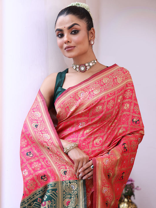 Pink Patola Silk Blend Woven Design Zari Saree With Blouse Piece