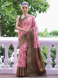 Pink Kanjeevaram Silk Blend Woven Design Zari Saree With Blouse Piece