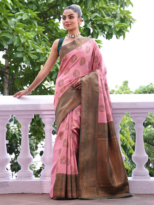 Pink Kanjeevaram Silk Blend Woven Design Zari Saree With Blouse Piece