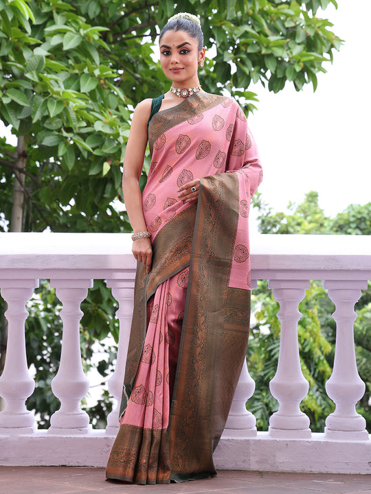 Pink Kanjeevaram Silk Blend Woven Design Zari Saree With Blouse Piece