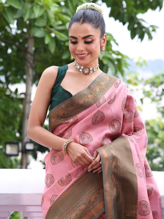 Pink Kanjeevaram Silk Blend Woven Design Zari Saree With Blouse Piece