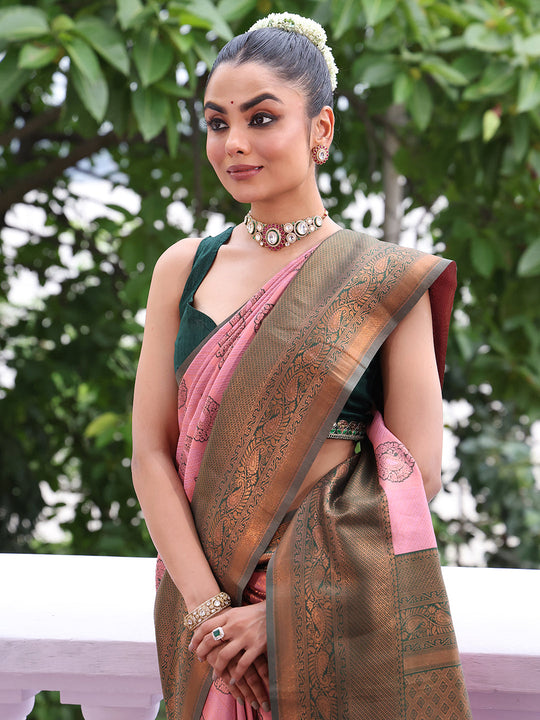 Pink Kanjeevaram Silk Blend Woven Design Zari Saree With Blouse Piece