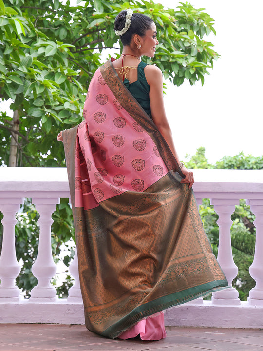 Pink Kanjeevaram Silk Blend Woven Design Zari Saree With Blouse Piece