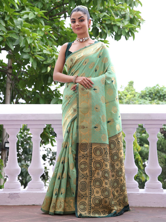 Green Banarsi Silk Blend Woven Design Zari Saree With Blouse Piece