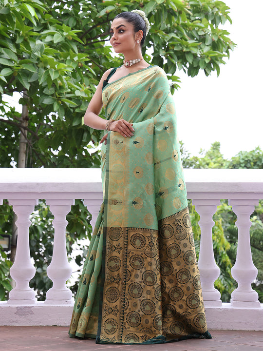 Green Banarsi Silk Blend Woven Design Zari Saree With Blouse Piece