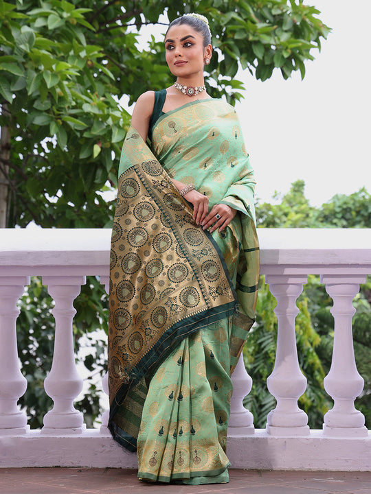 Green Banarsi Silk Blend Woven Design Zari Saree With Blouse Piece
