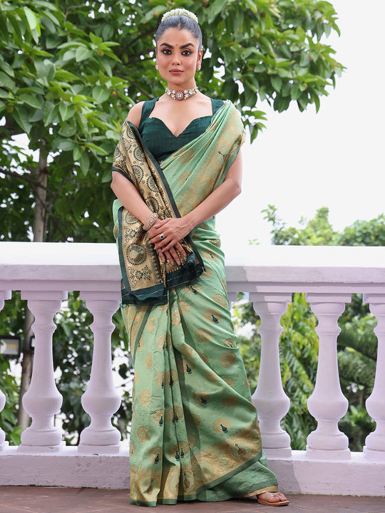 Green Banarsi Silk Blend Woven Design Zari Saree With Blouse Piece
