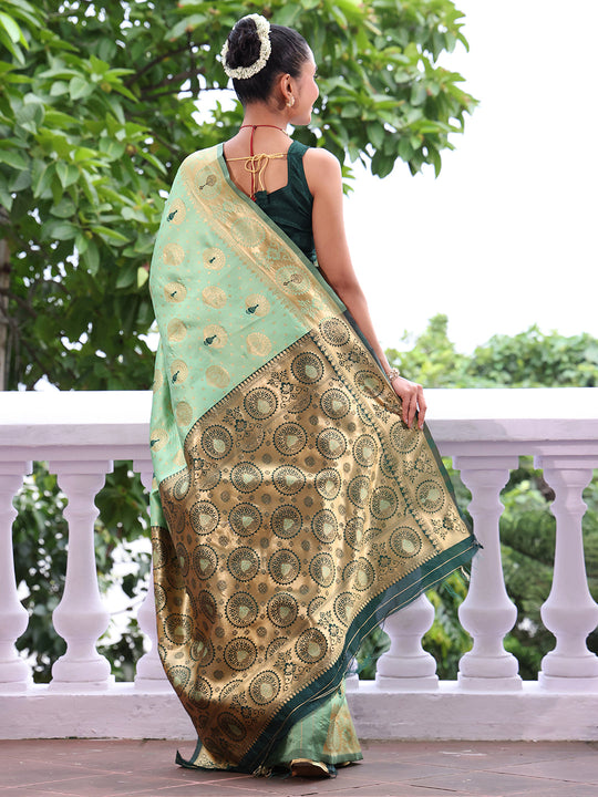 Green Banarsi Silk Blend Woven Design Zari Saree With Blouse Piece