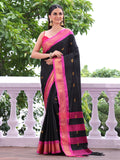 Black Paithani Silk Blend Zari Saree With Blouse Piece