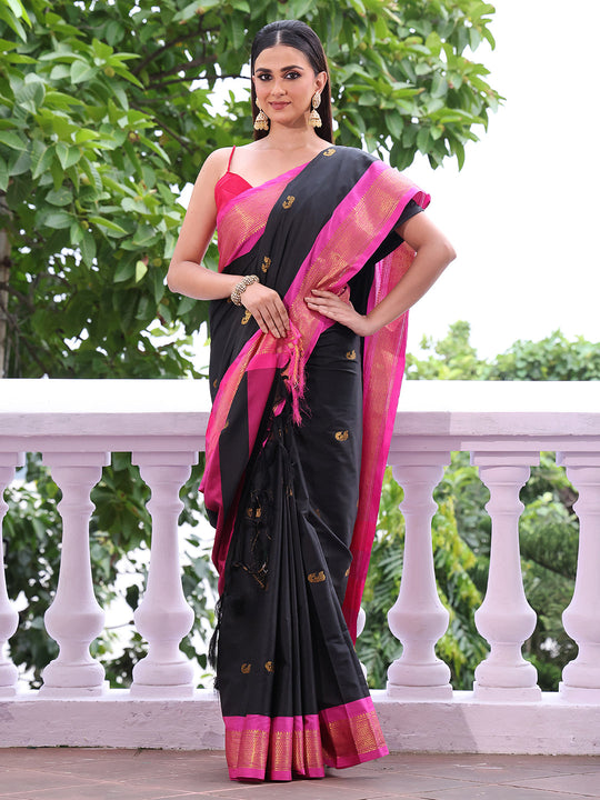 Black Paithani Silk Blend Zari Saree With Blouse Piece
