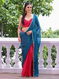 Teal Embellished Sequinned Colorblocked Chiffon Saree With Blouse Piece
