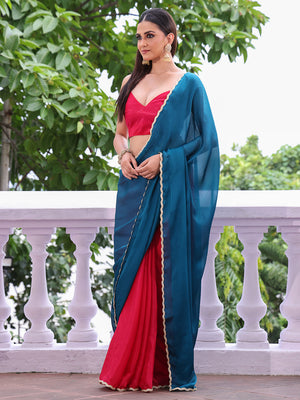 Teal Embellished Sequinned Colorblocked Chiffon Saree With Blouse Piece