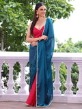 Teal Embellished Sequinned Colorblocked Chiffon Saree With Blouse Piece