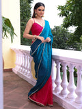 Teal Embellished Sequinned Colorblocked Chiffon Saree With Blouse Piece