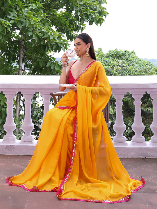 Yellow Embellished Sequinned Chiffon Saree With Blouse Piece