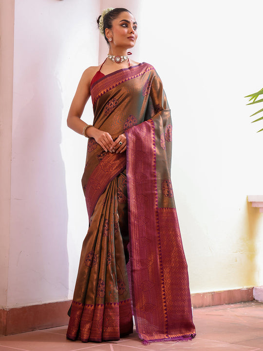 Green Kanjeevaram Silk Blend Woven Design Zari Saree With Blouse Piece