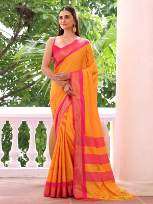 Orange Woven Design Silk Blend Saree With Blouse Piece