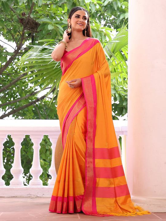 Orange Woven Design Silk Blend Saree With Blouse Piece