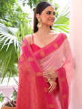 Pink Woven Maheshwari Cotton Blend Saree With Blouse Piece