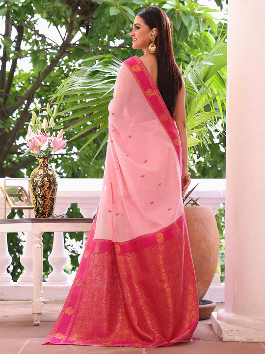 Pink Woven Maheshwari Cotton Blend Saree With Blouse Piece