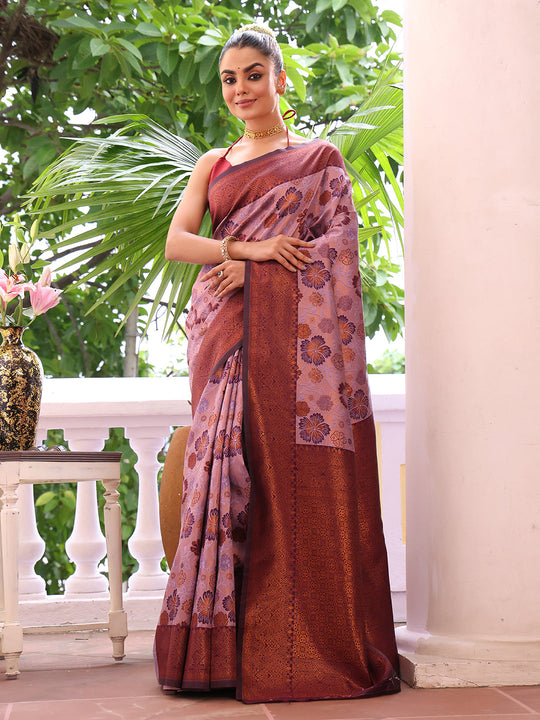 Purple Kanjeevaram Silk Blend Woven Design Zari Saree With Blouse Piece