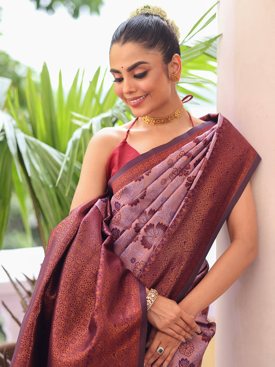 Purple Kanjeevaram Silk Blend Woven Design Zari Saree With Blouse Piece