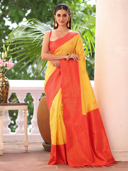 Red Kanjeevaram Silk Blend Woven Design Zari Saree With Blouse Piece