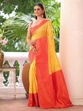Red Kanjeevaram Silk Blend Woven Design Zari Saree With Blouse Piece