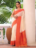 White Woven Design Silk Blend Saree With Blouse Piece