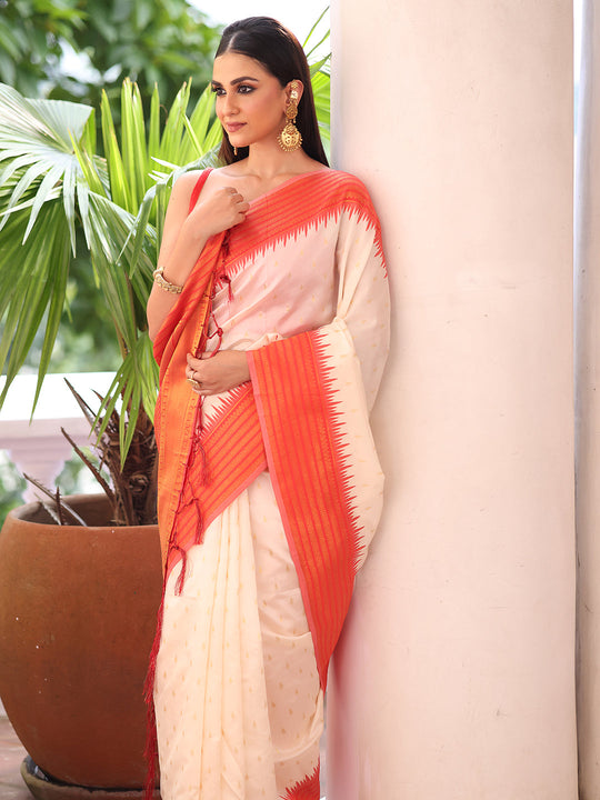 White Woven Design Silk Blend Saree With Blouse Piece