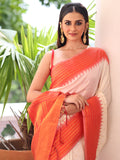 White Woven Design Silk Blend Saree With Blouse Piece