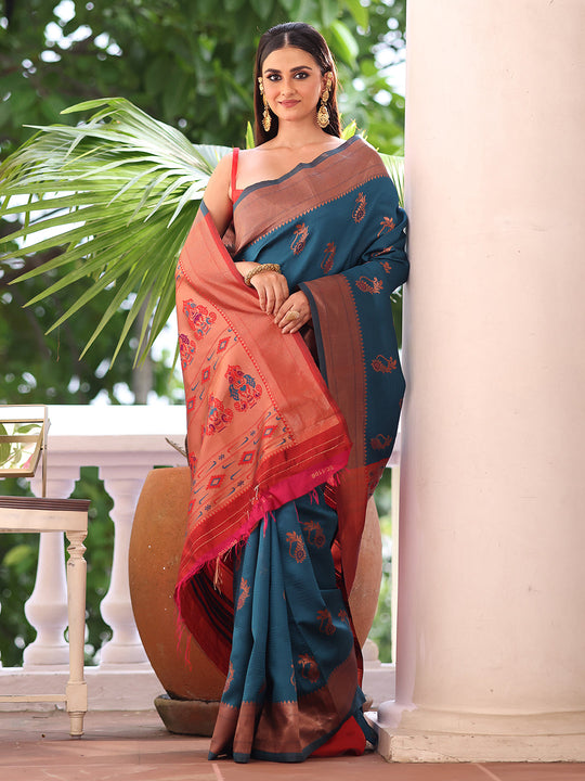 Teal Paithani Silk Blend Zari Saree With Blouse Piece