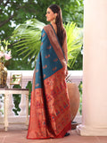 Teal Paithani Silk Blend Zari Saree With Blouse Piece