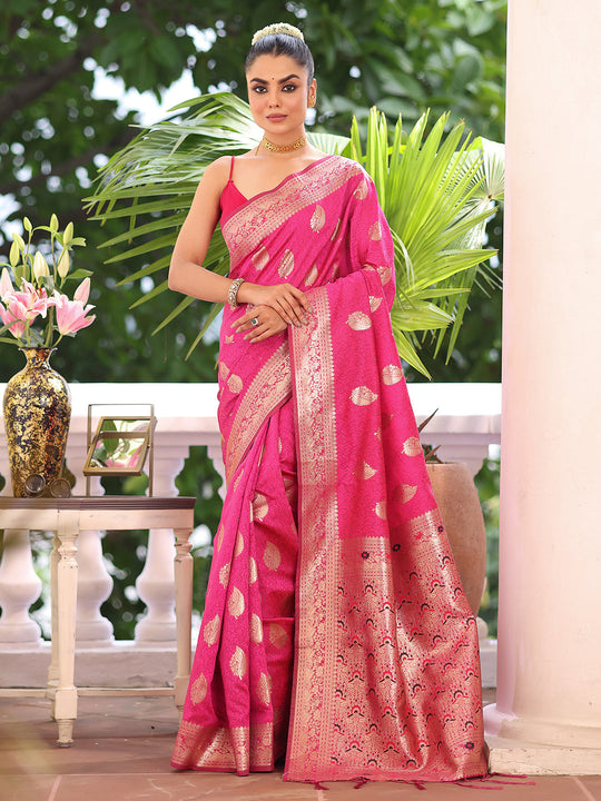 Pink Kanjeevaram Silk Blend Woven Design Zari Saree With Blouse Piece