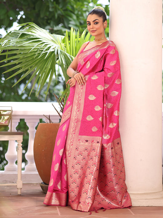 Pink Kanjeevaram Silk Blend Woven Design Zari Saree With Blouse Piece