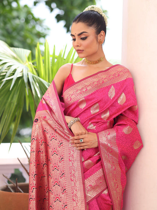 Pink Kanjeevaram Silk Blend Woven Design Zari Saree With Blouse Piece