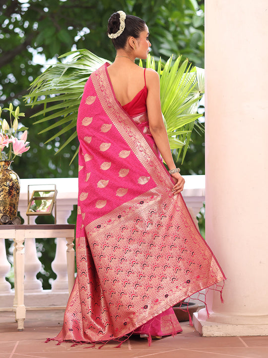 Pink Kanjeevaram Silk Blend Woven Design Zari Saree With Blouse Piece