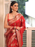 Red Banarsi Silk Blend Woven Design Zari Saree With Blouse Piece
