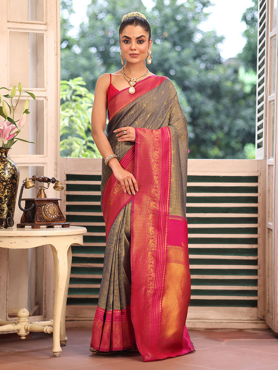Grey Banarsi Silk Blend Woven Design Zari Saree With Blouse Piece