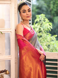 Grey Banarsi Silk Blend Woven Design Zari Saree With Blouse Piece