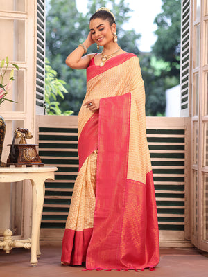 Red Kanjeevaram Silk Blend Woven Design Zari Saree With Blouse Piece