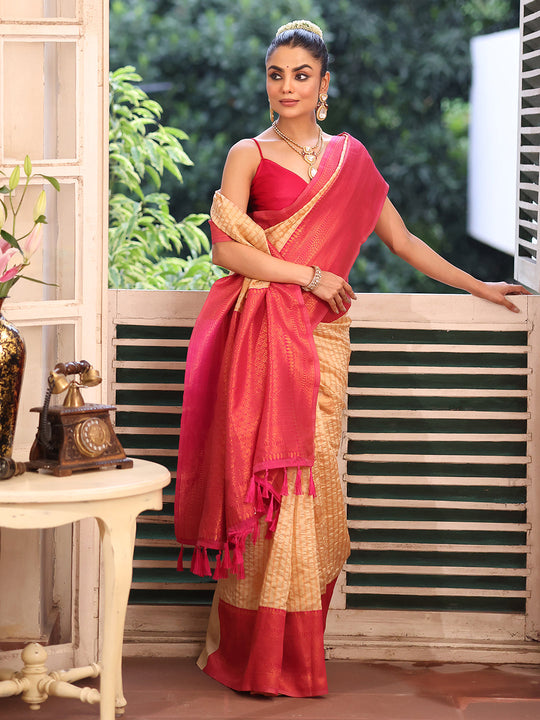 Red Kanjeevaram Silk Blend Woven Design Zari Saree With Blouse Piece